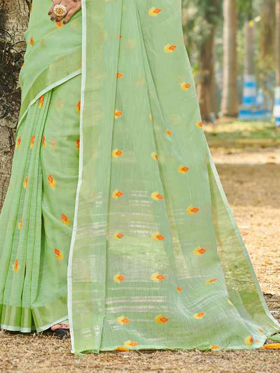 Pista Linen Handwoven Wedding Festival Heavy Border Saree