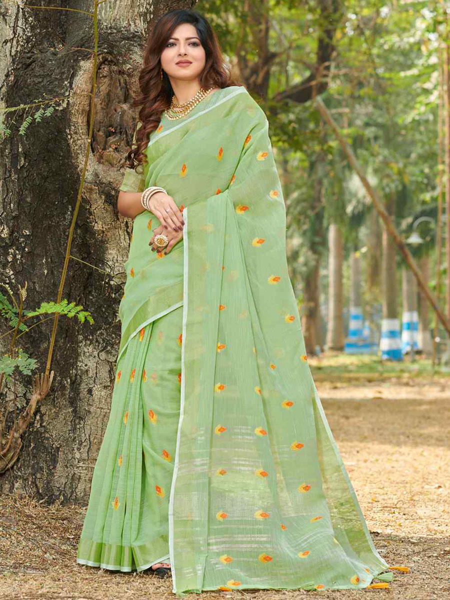 Pista Linen Handwoven Wedding Festival Heavy Border Saree