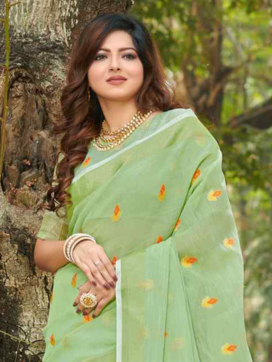 Pista Linen Handwoven Wedding Festival Heavy Border Saree