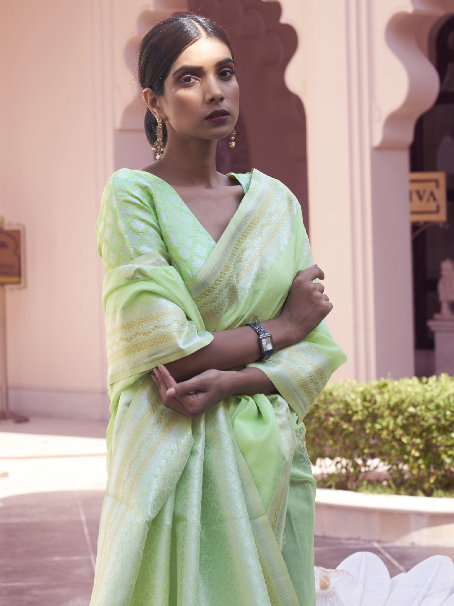 Pista Linen Handwoven Wedding Festival Heavy Border Saree