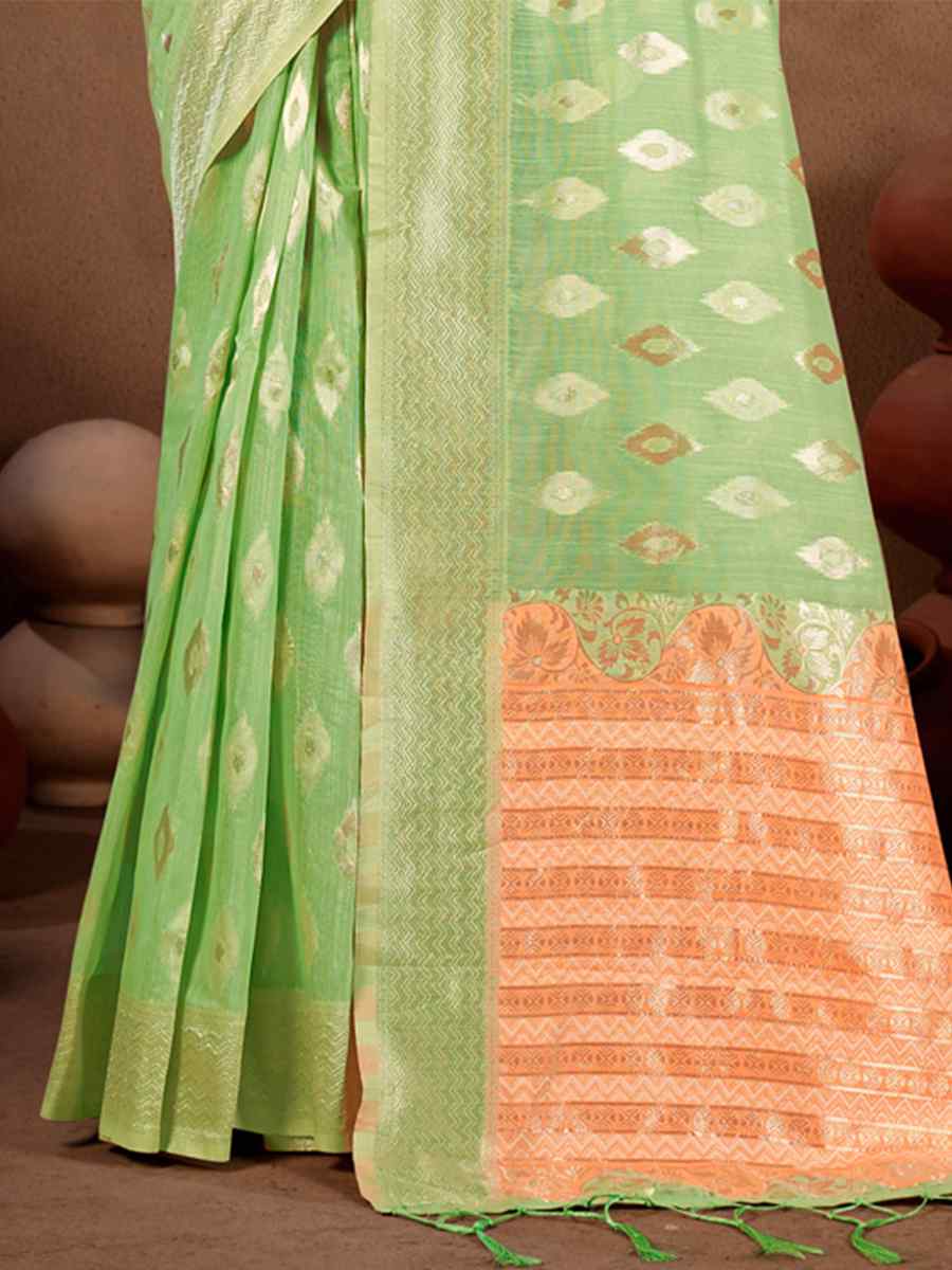 Pista Linen Handwoven Wedding Festival Heavy Border Saree