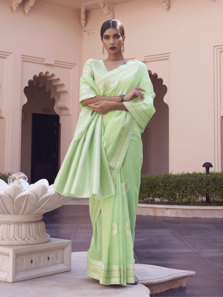 Pista Linen Handwoven Wedding Festival Heavy Border Saree