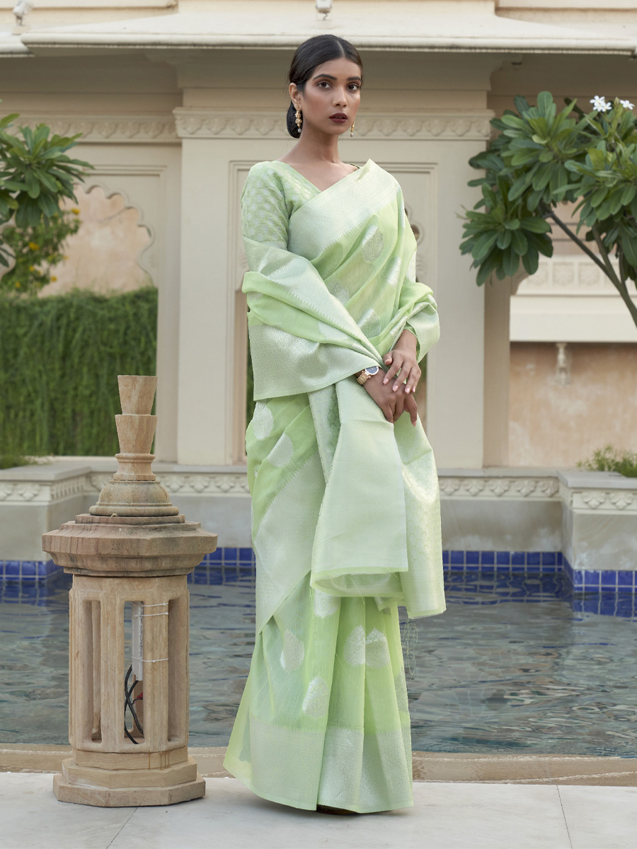 Pista Linen Handwoven Wedding Festival Heavy Border Saree