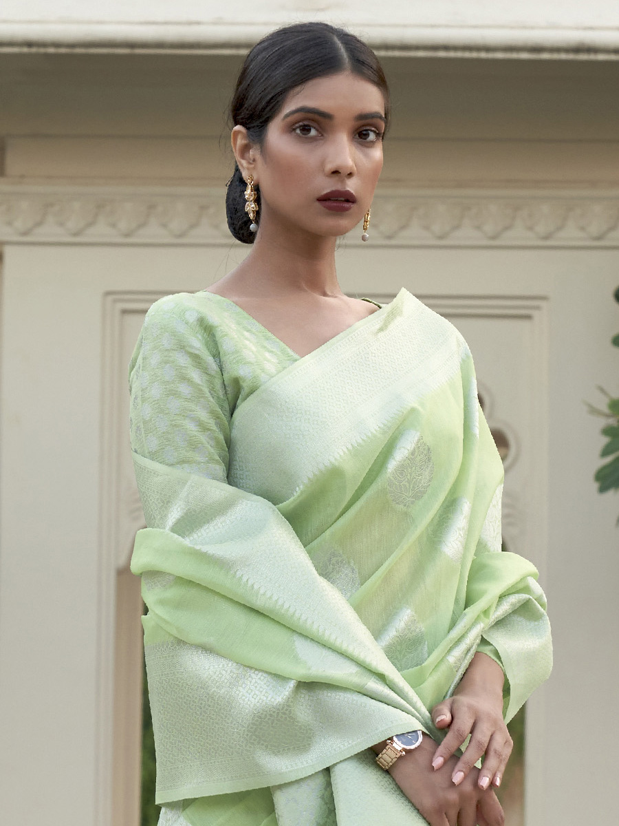 Pista Linen Handwoven Wedding Festival Heavy Border Saree