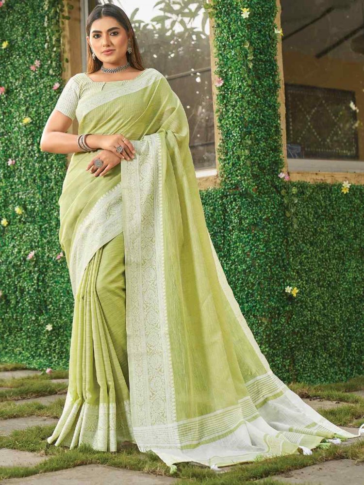 Pista Linen Zari Wedding Festival Classic Style Saree