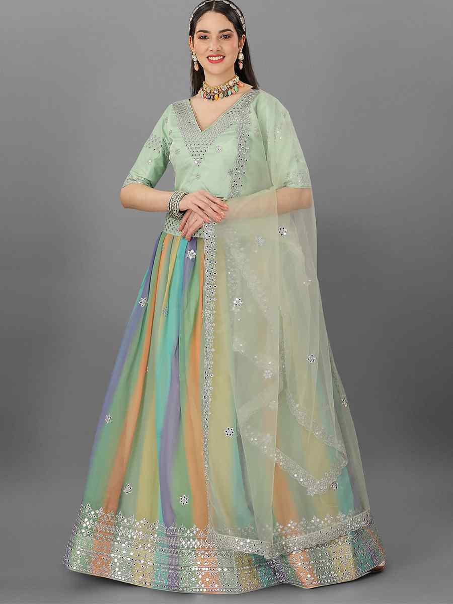 Pista Malay Silk Embroidered Reception Wedding Lehenga Choli