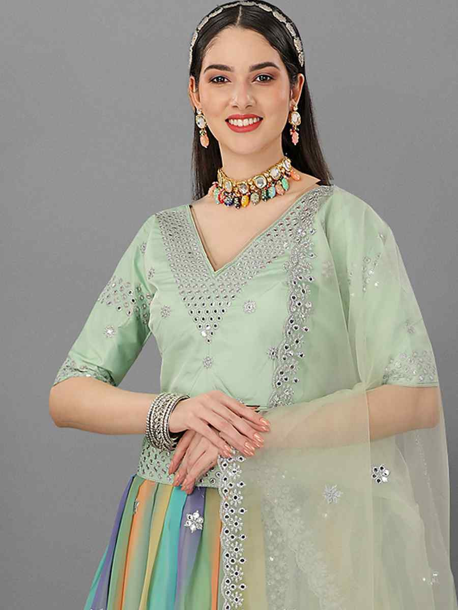 Pista Malay Silk Embroidered Reception Wedding Lehenga Choli