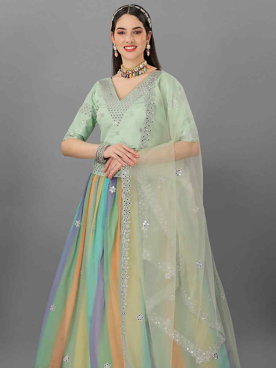 Pista Malay Silk Embroidered Reception Wedding Lehenga Choli