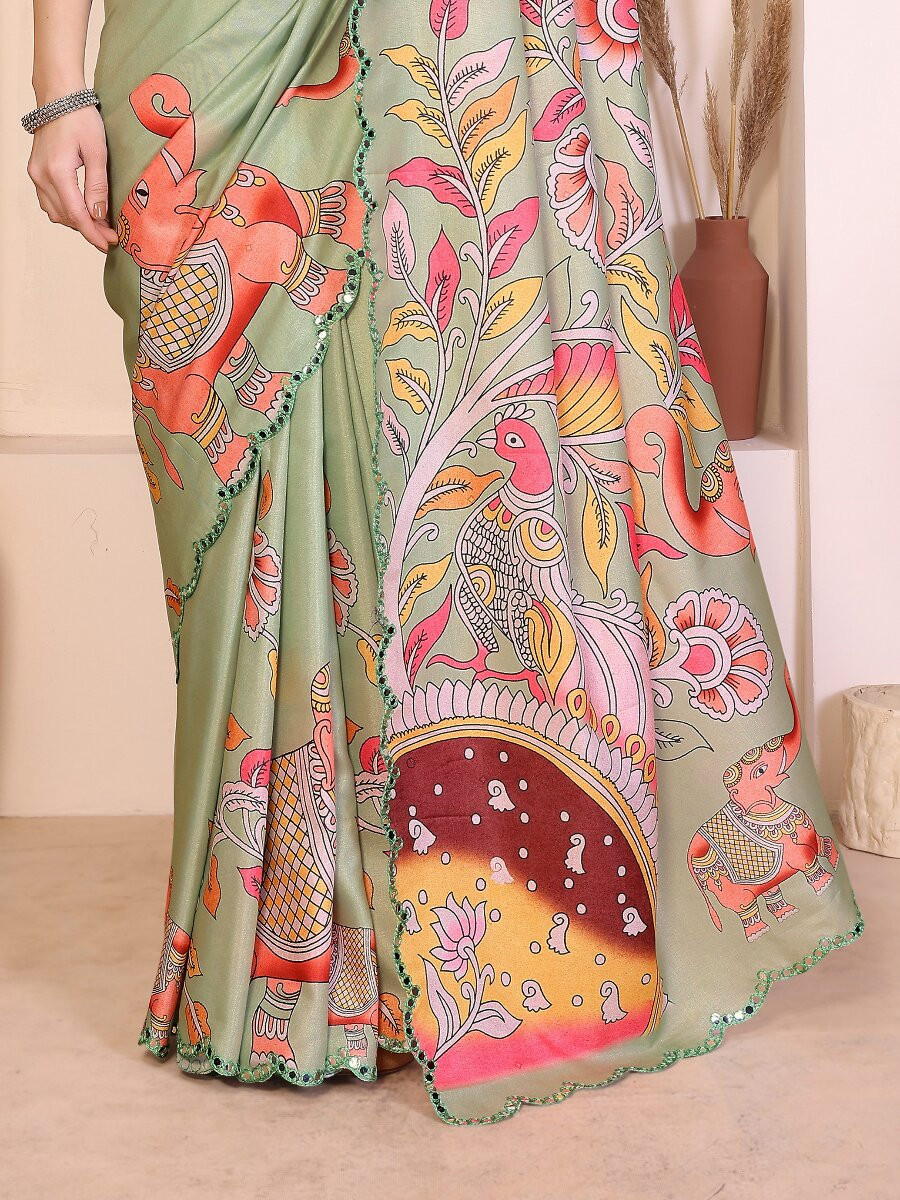 Pista Manipuri Digital Printed Wedding Reception Party Festival Casual Heavy Border Sarees