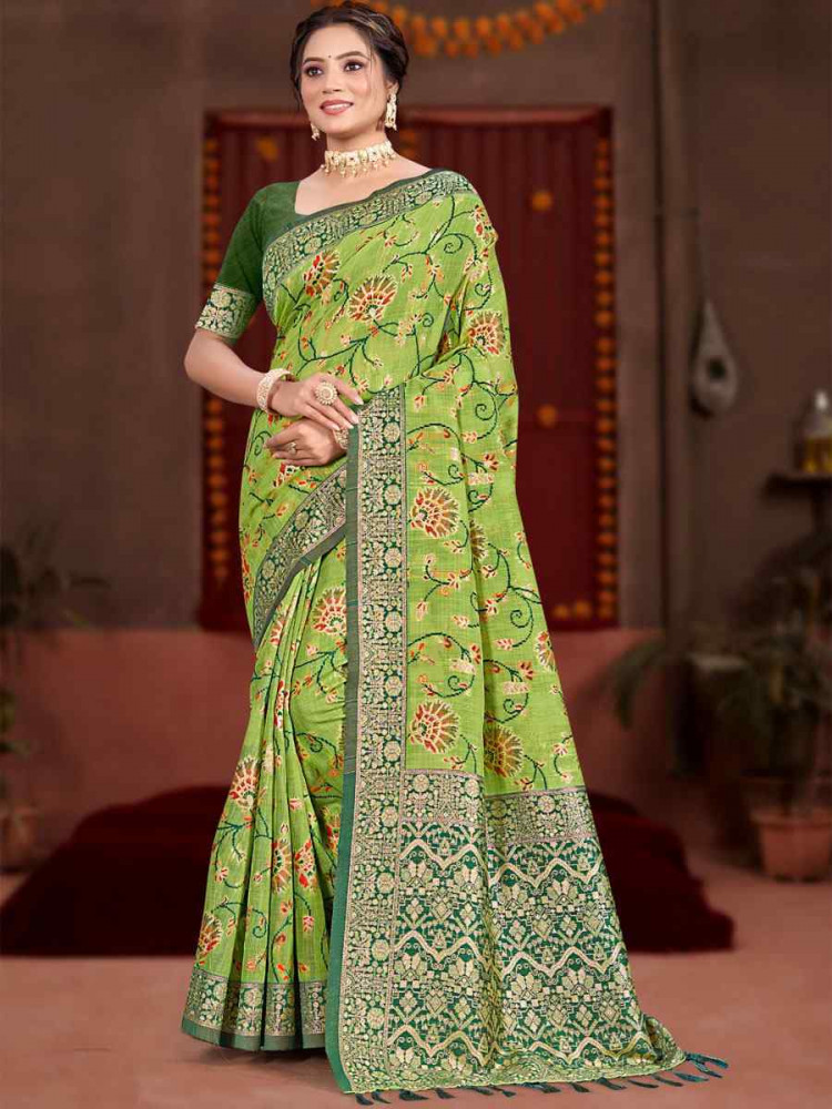 Image of Pista Meenakari Cotton Silk Handwoven Casual Reception Festival Wedding Fancy Classic Style Sarees