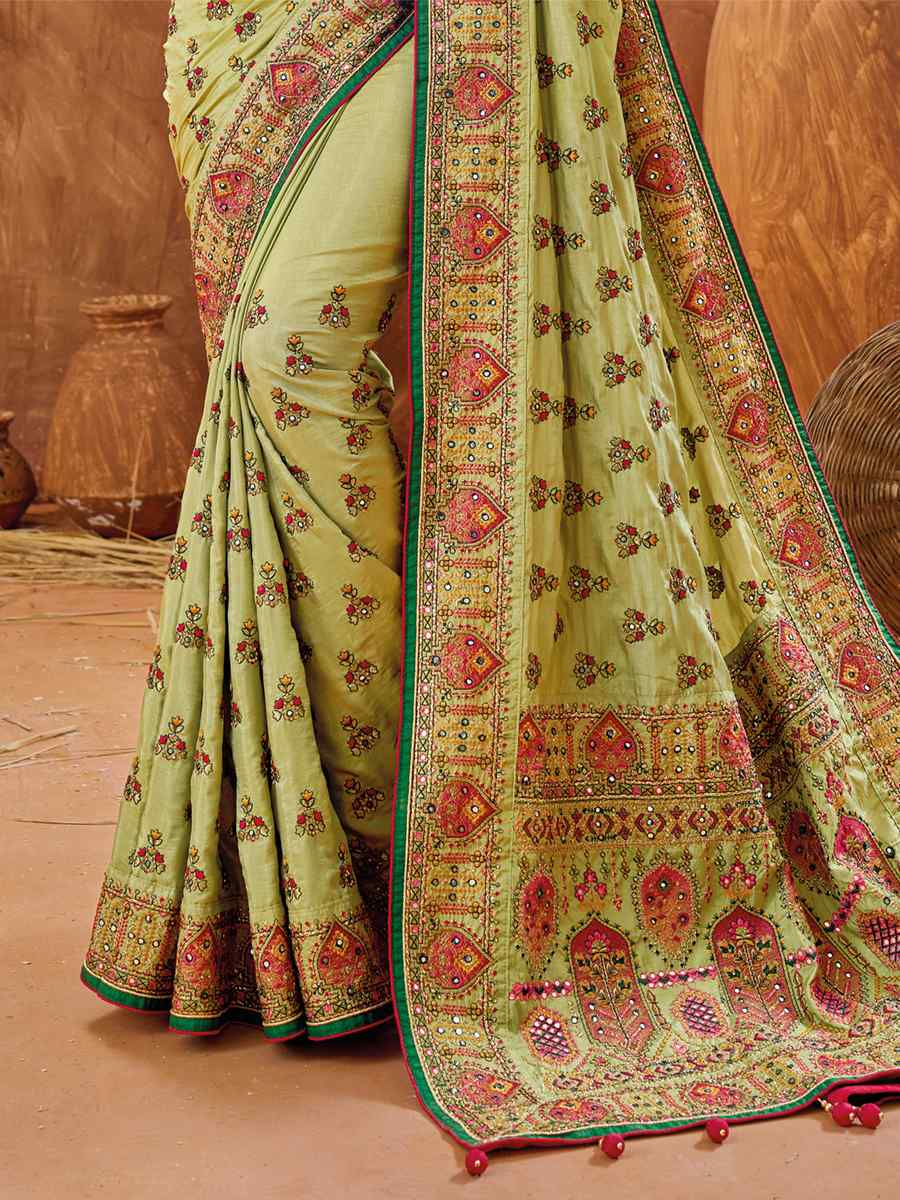 Pista Monalisha Silk Embroidered Wedding Festival Heavy Border Saree