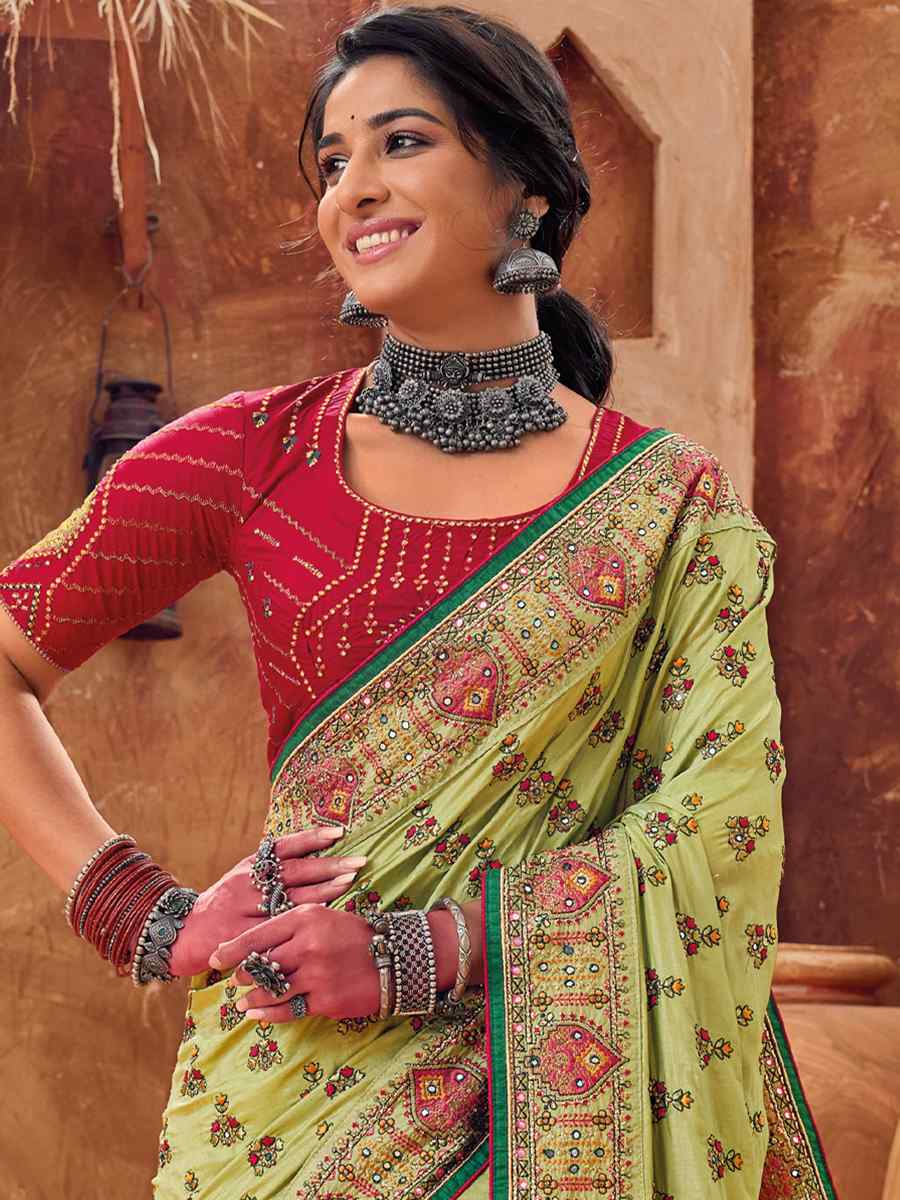Pista Monalisha Silk Embroidered Wedding Festival Heavy Border Saree