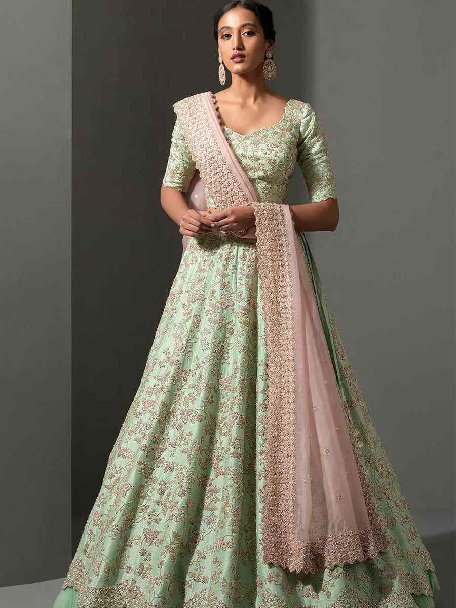 Pista Mulberry Silk Embroidered Bridal Wedding Reception Festival Heavy Border Lehenga Choli