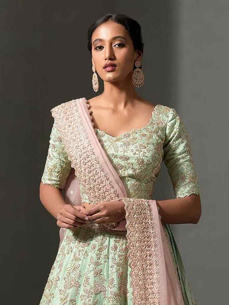 Pista Mulberry Silk Embroidered Bridal Wedding Reception Festival Heavy Border Lehenga Choli