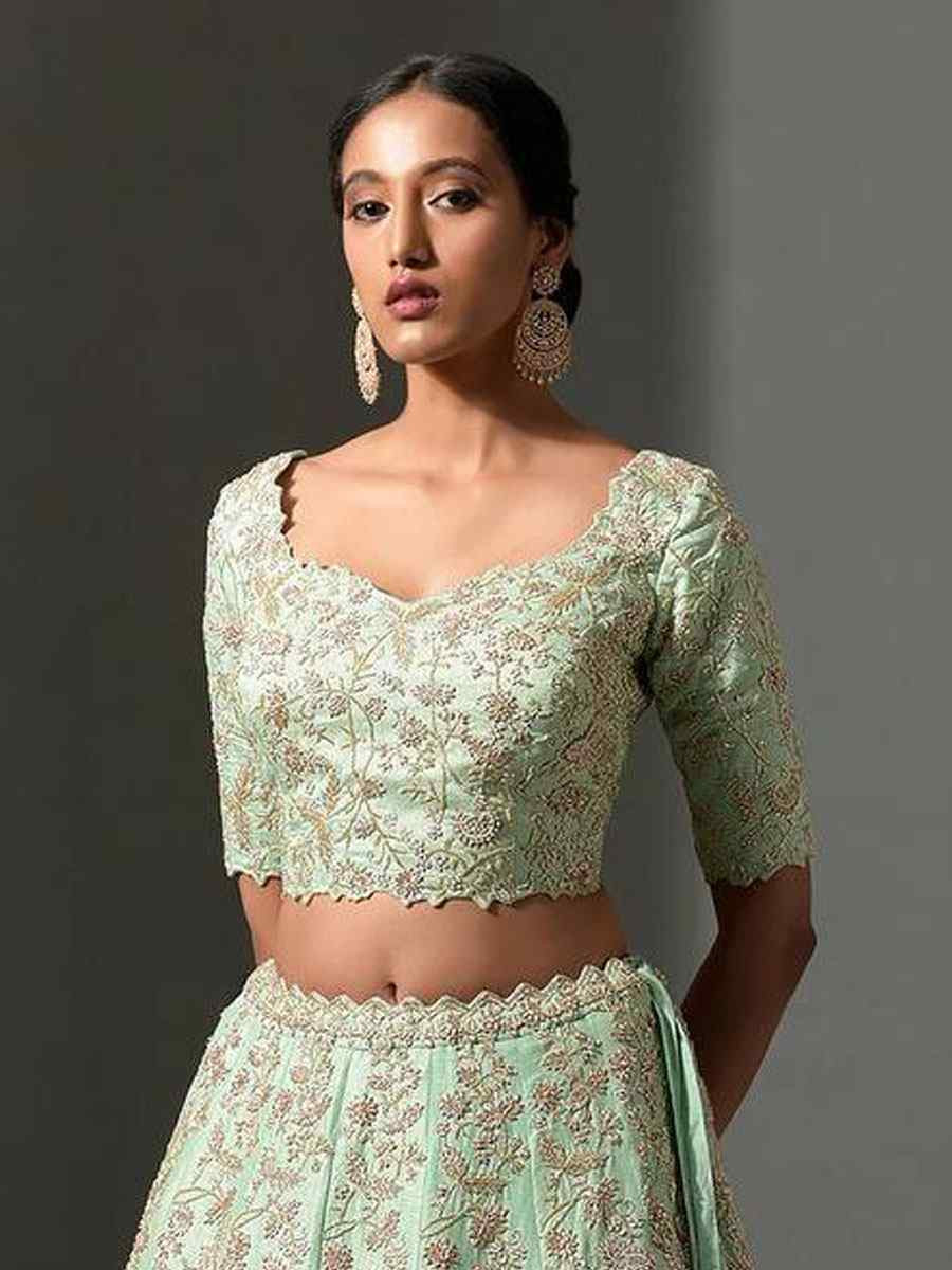 Pista Mulberry Silk Embroidered Bridal Wedding Reception Festival Heavy Border Lehenga Choli