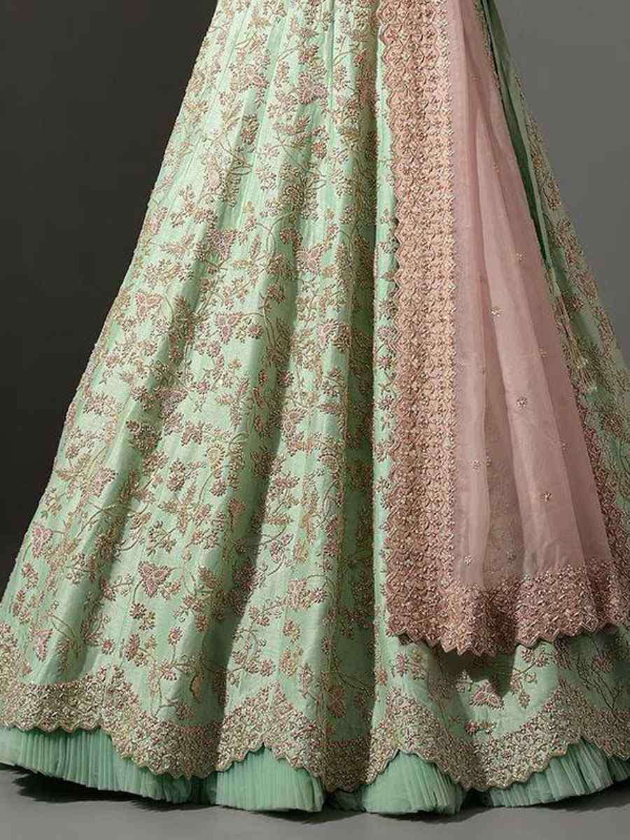 Pista Mulberry Silk Embroidered Bridal Wedding Reception Festival Heavy Border Lehenga Choli