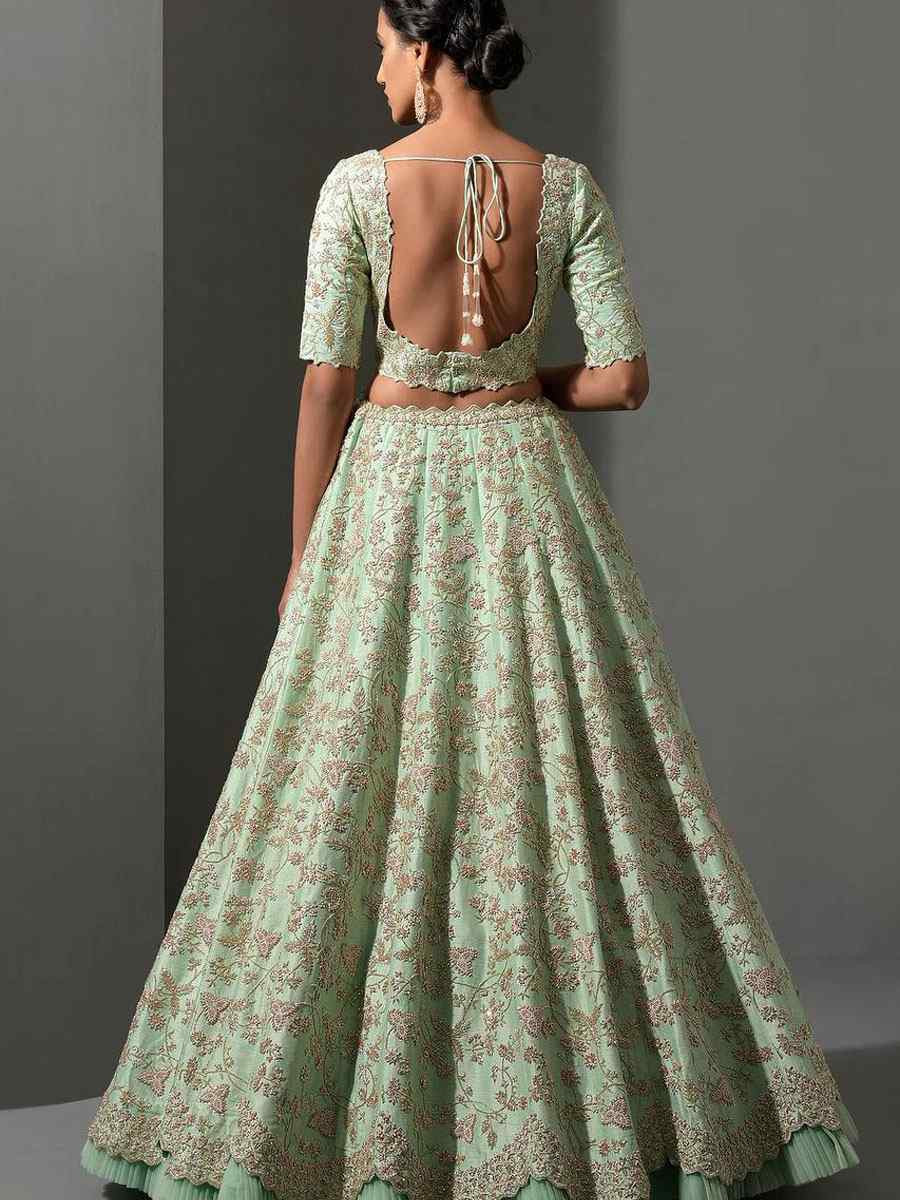Pista Mulberry Silk Embroidered Bridal Wedding Reception Festival Heavy Border Lehenga Choli