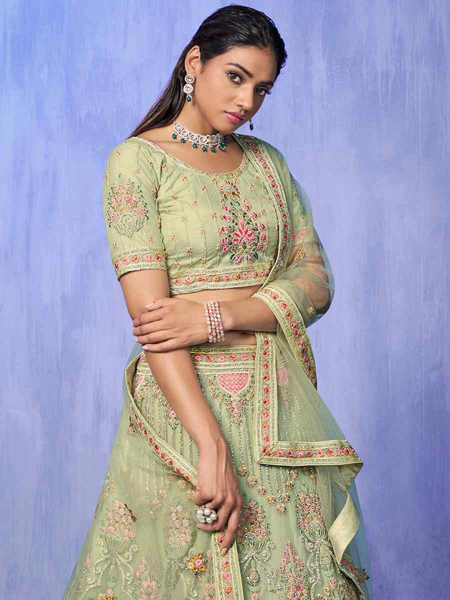 Pista Net Embroidered Bridal Reception Heavy Border Lehenga Choli