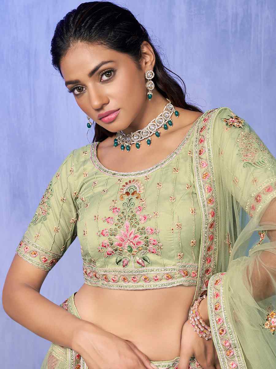 Pista Net Embroidered Bridal Reception Heavy Border Lehenga Choli