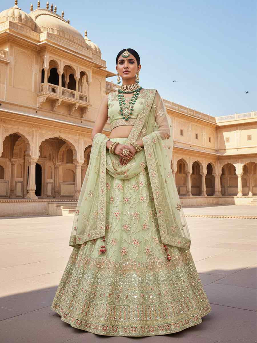 Pista Net Embroidered Bridal Wedding Reception Festival Heavy Border Lehenga Choli