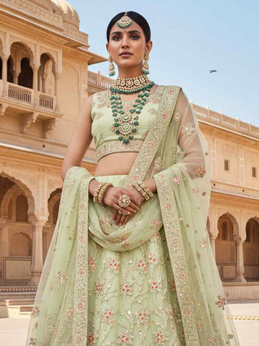 Pista Net Embroidered Bridal Wedding Reception Festival Heavy Border Lehenga Choli