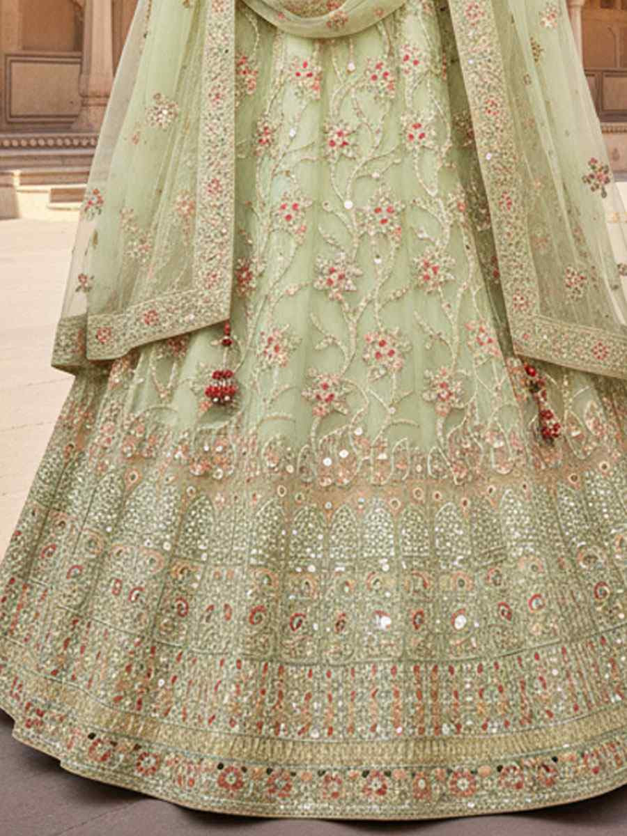 Pista Net Embroidered Bridal Wedding Reception Festival Heavy Border Lehenga Choli