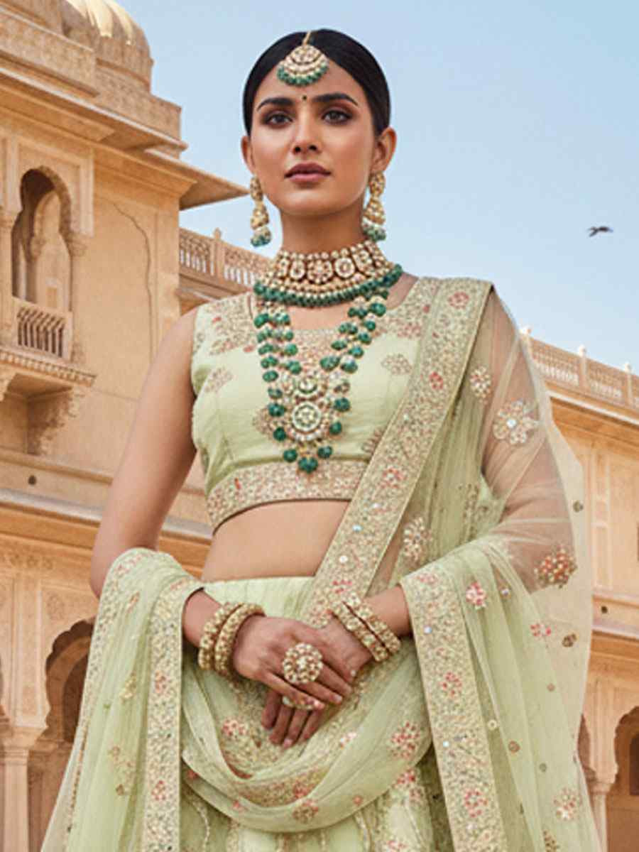 Pista Net Embroidered Bridal Wedding Reception Festival Heavy Border Lehenga Choli