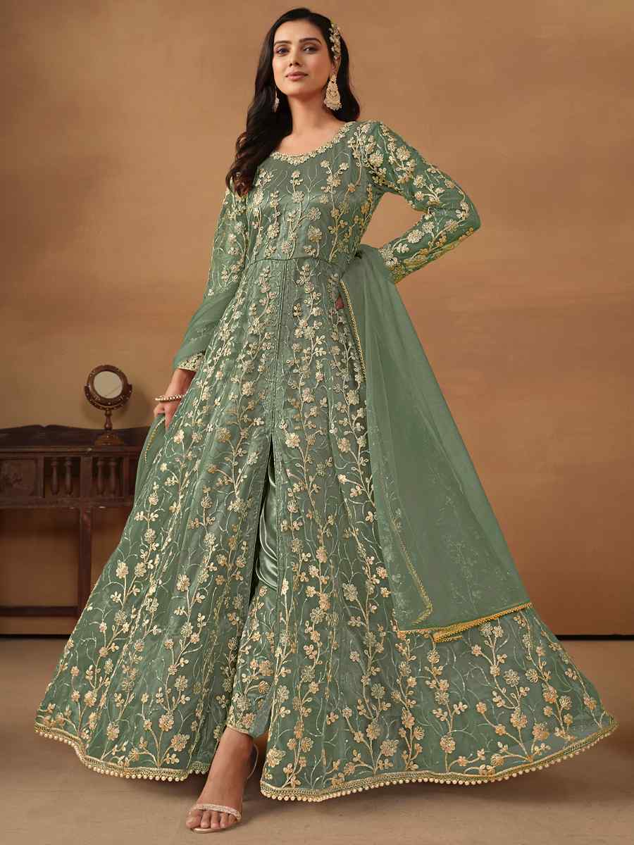 Pista Net Embroidered Festival Wedding Anarkali Salwar Kameez