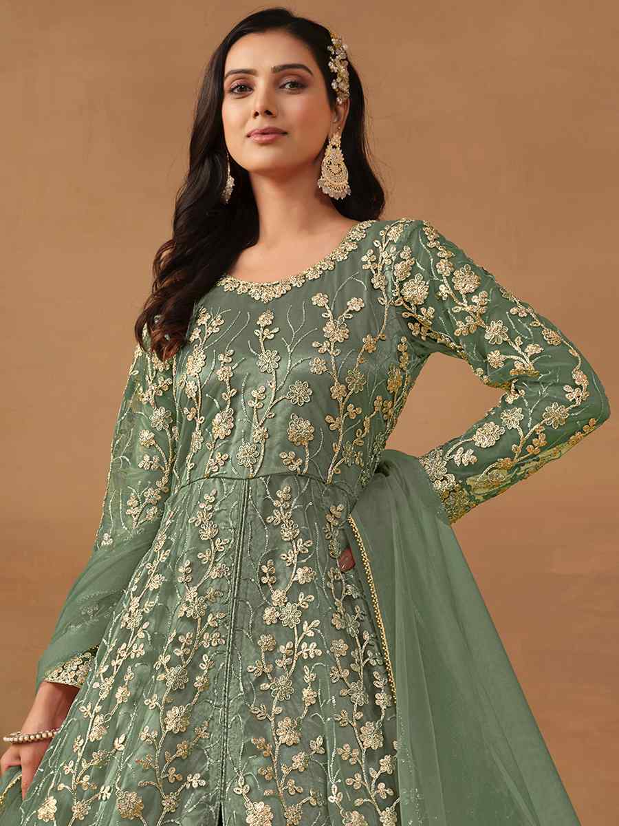 Pista Net Embroidered Festival Wedding Anarkali Salwar Kameez