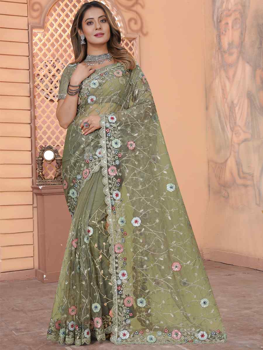 Pista Net Embroidered Reception Party Heavy Border Saree