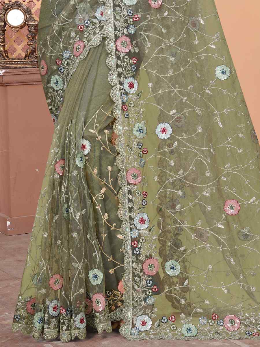 Pista Net Embroidered Reception Party Heavy Border Saree