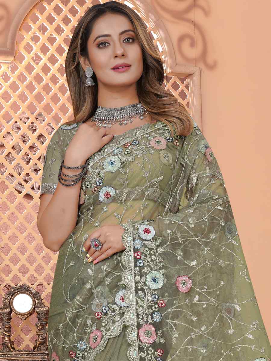 Pista Net Embroidered Reception Party Heavy Border Saree