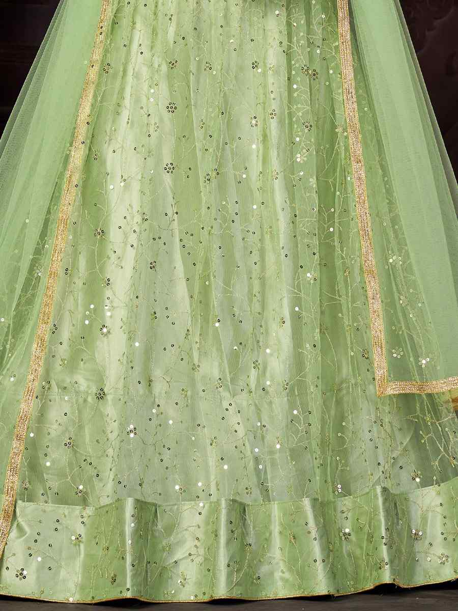 Pista Net Embroidered Reception Wedding Heavy Border Lehenga Choli