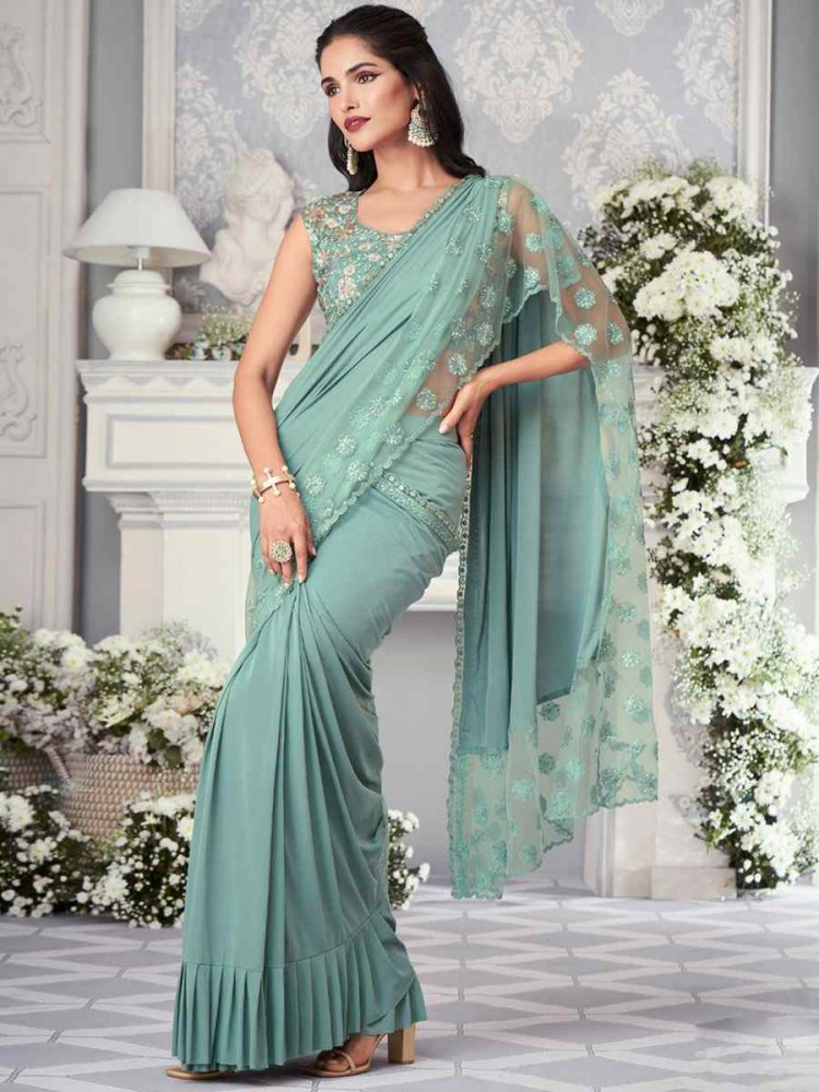 Pista Net Embroidered Wedding Party Heavy Border Saree
