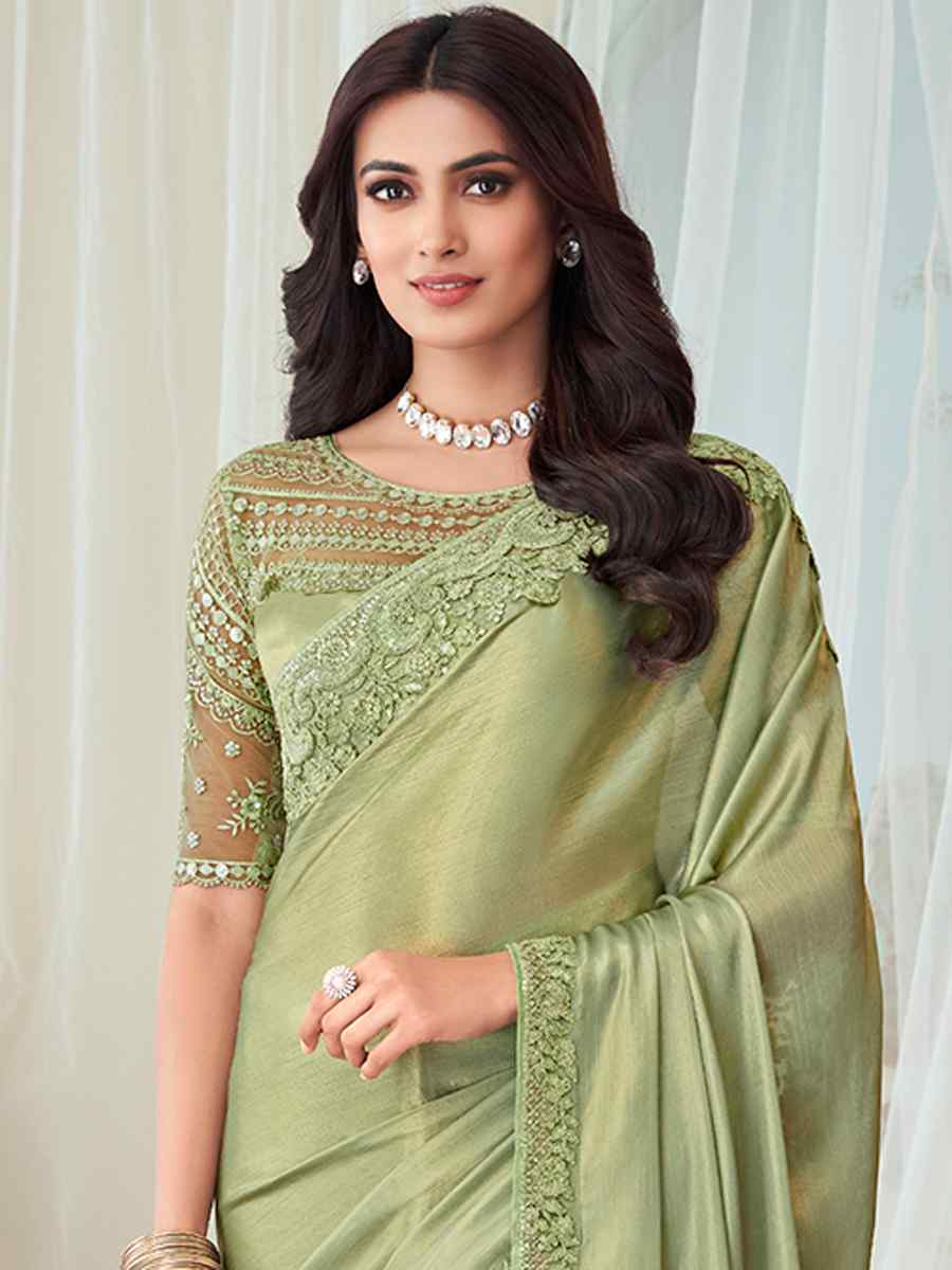 Pista Oracle Silk Embroidered Party Festival Heavy Border Saree
