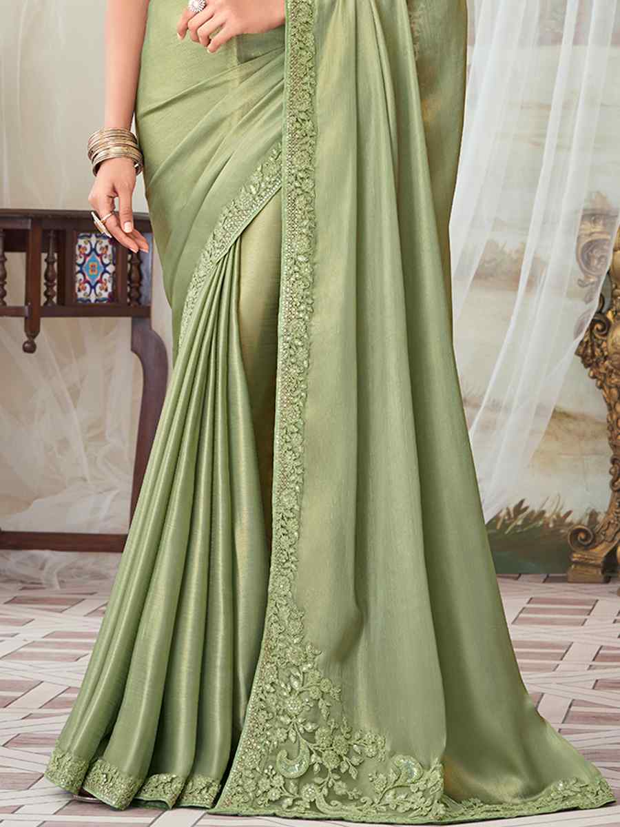 Pista Oracle Silk Embroidered Party Festival Heavy Border Saree