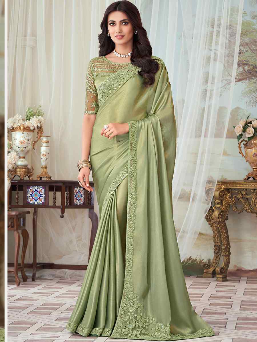 Pista Oracle Silk Embroidered Party Festival Heavy Border Saree
