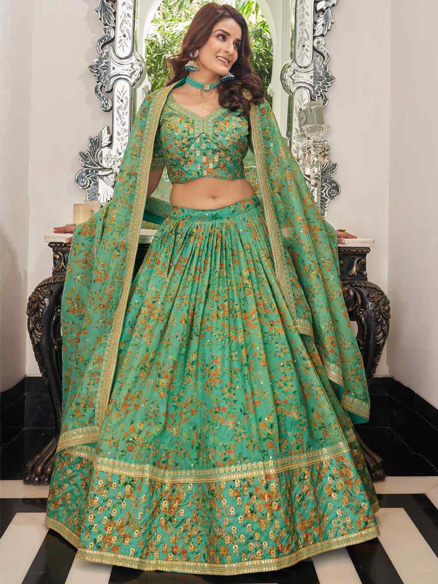Pista Organza Embroidered Engagement Wedding Heavy Border Lehenga Choli