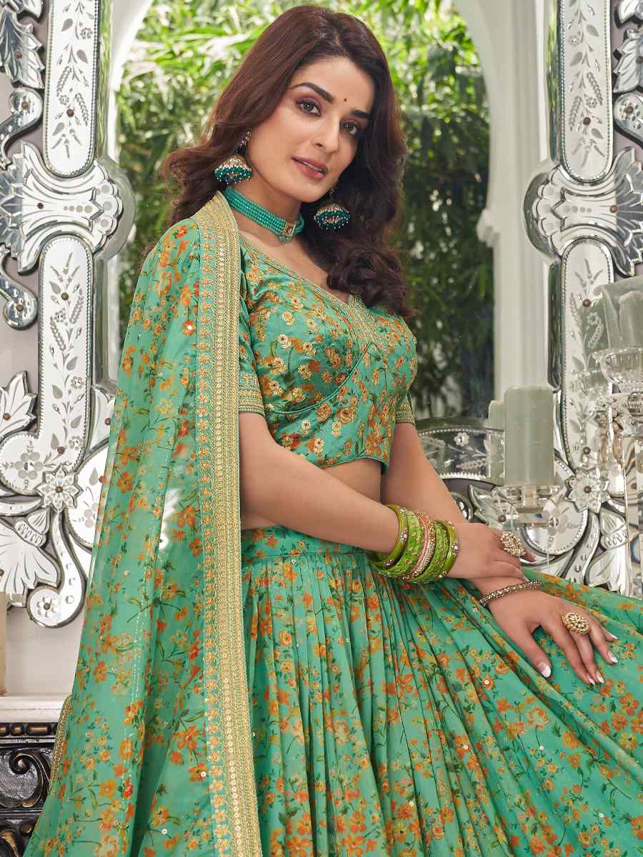 Pista Organza Embroidered Engagement Wedding Heavy Border Lehenga Choli