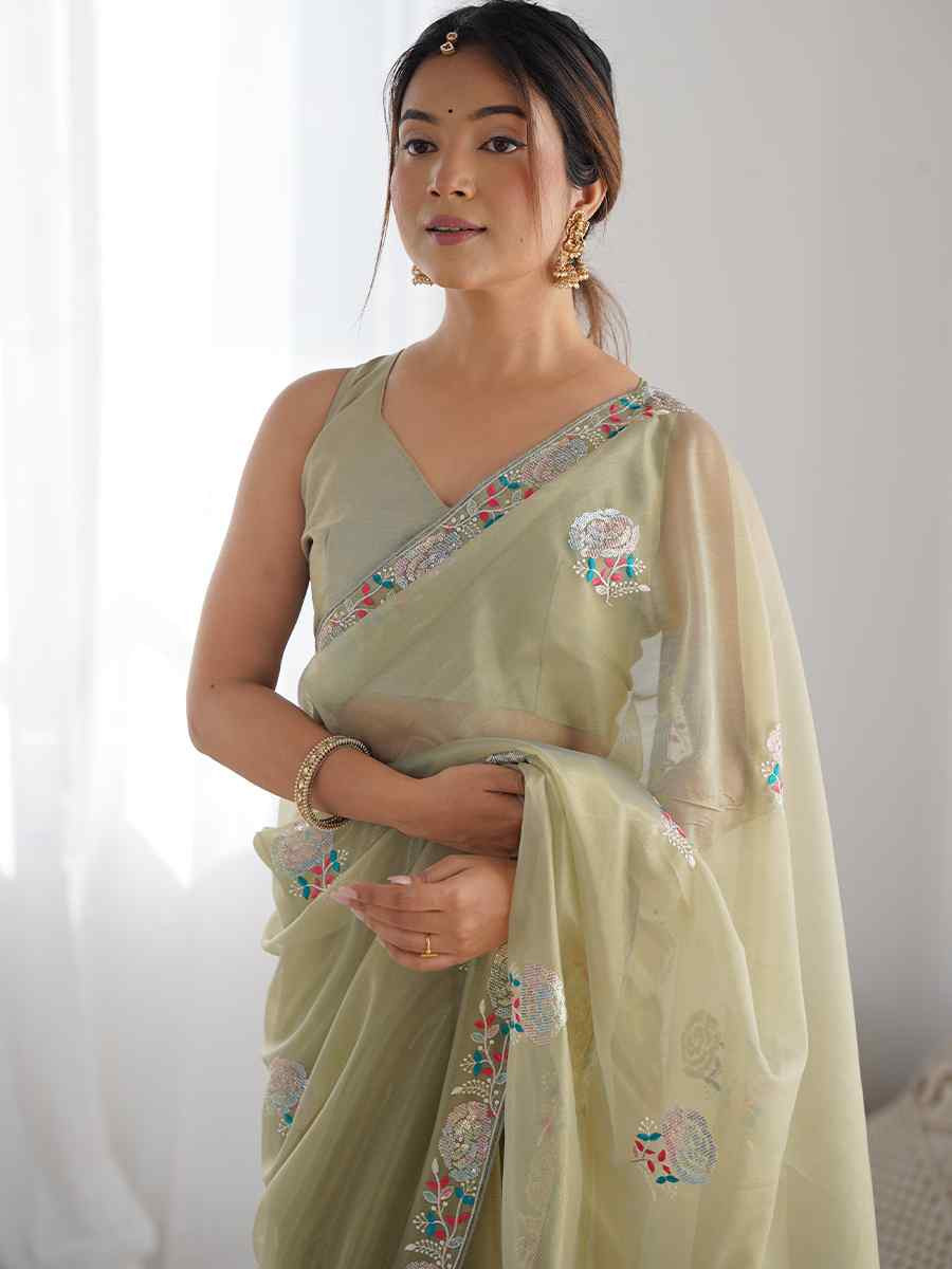 Pista Organza Embroidered Festival Wedding Fancy Heavy Border Saree