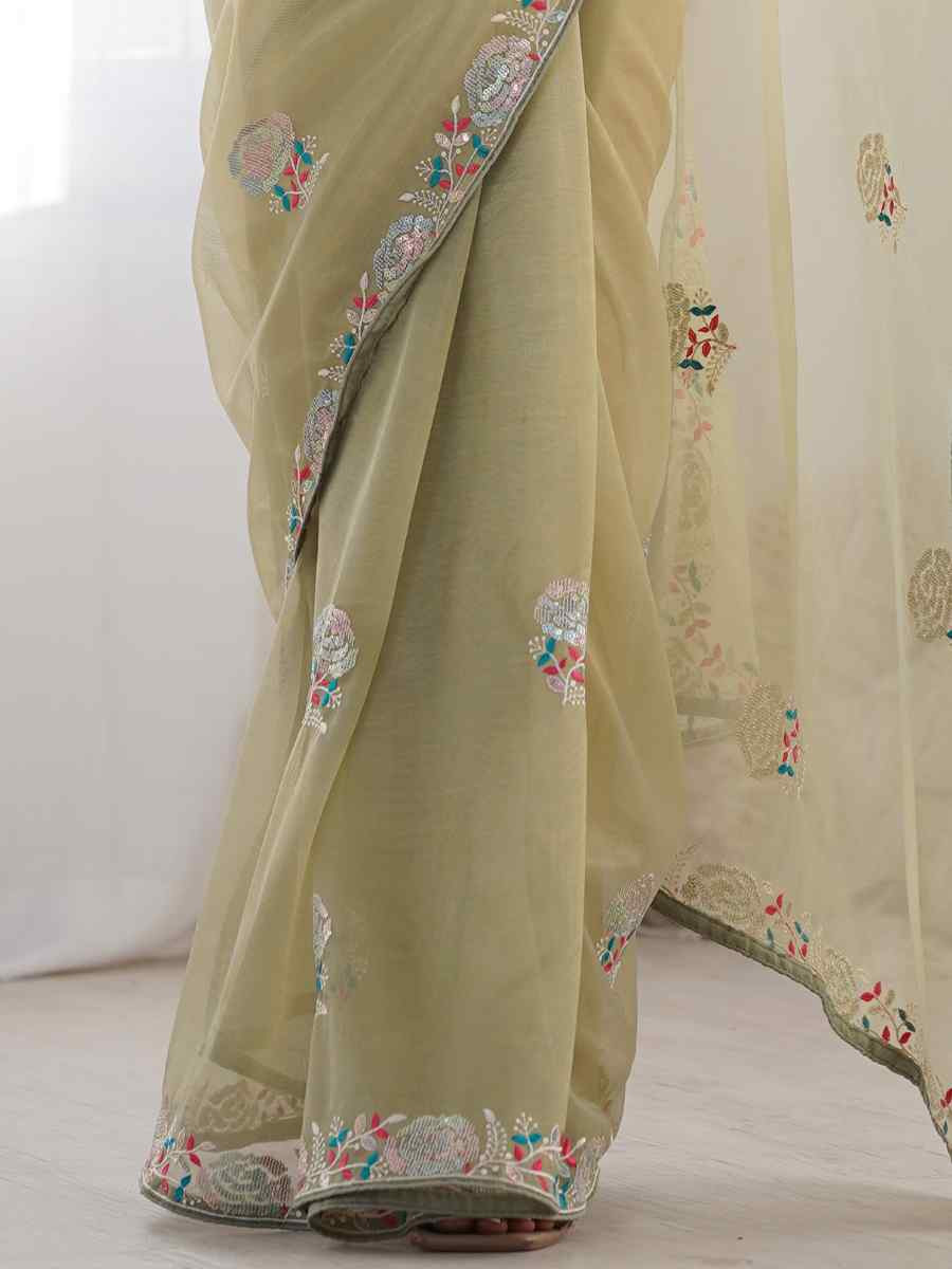 Pista Organza Embroidered Festival Wedding Fancy Heavy Border Saree