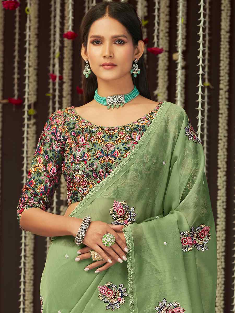 Pista Organza Embroidered Party Festival Classic Style Saree