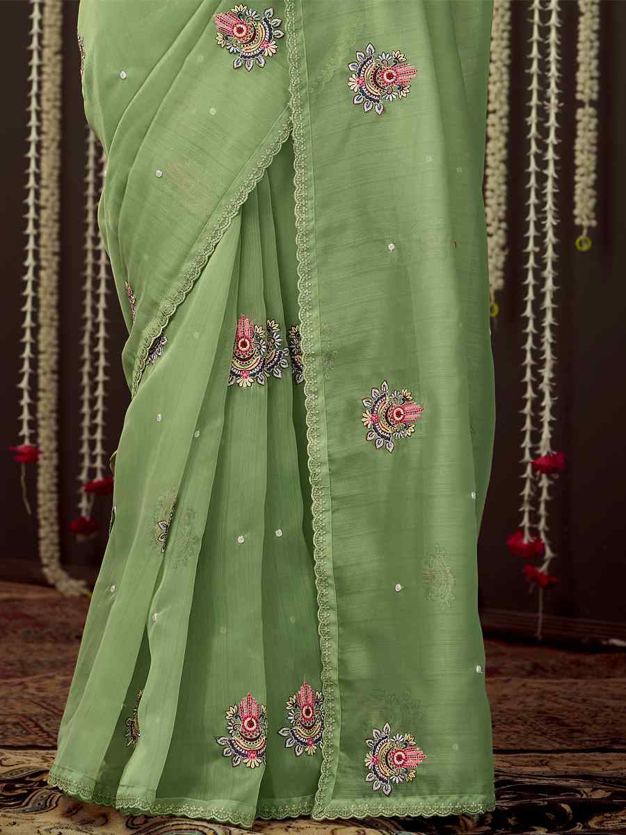 Pista Organza Embroidered Party Festival Classic Style Saree