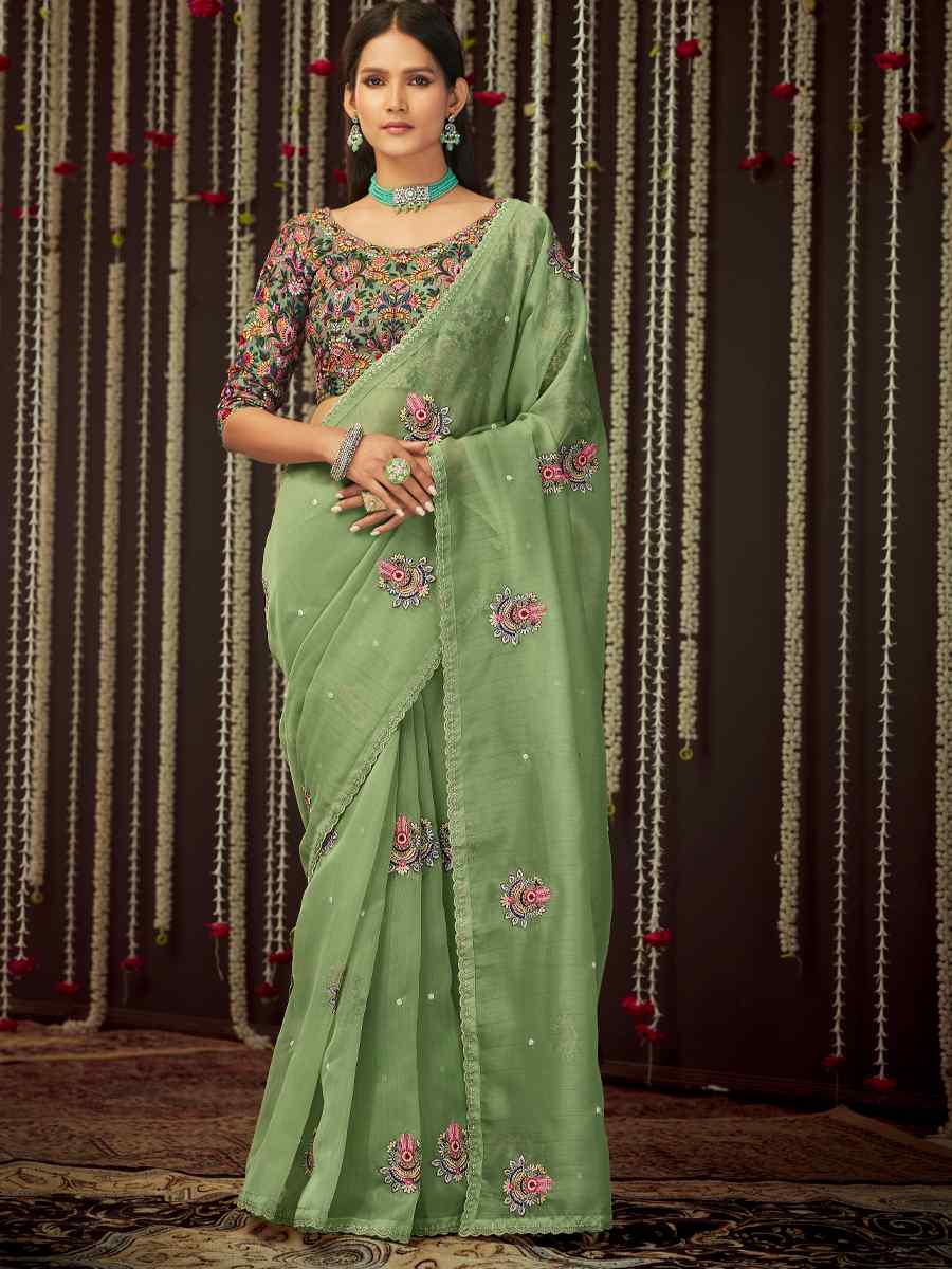 Pista Organza Embroidered Party Festival Classic Style Saree