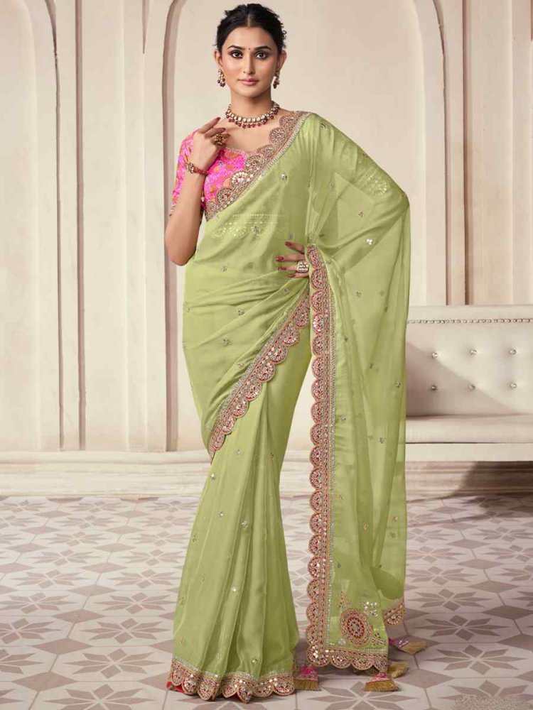 Pista Organza Embroidered Party Wedding Classic Style Saree