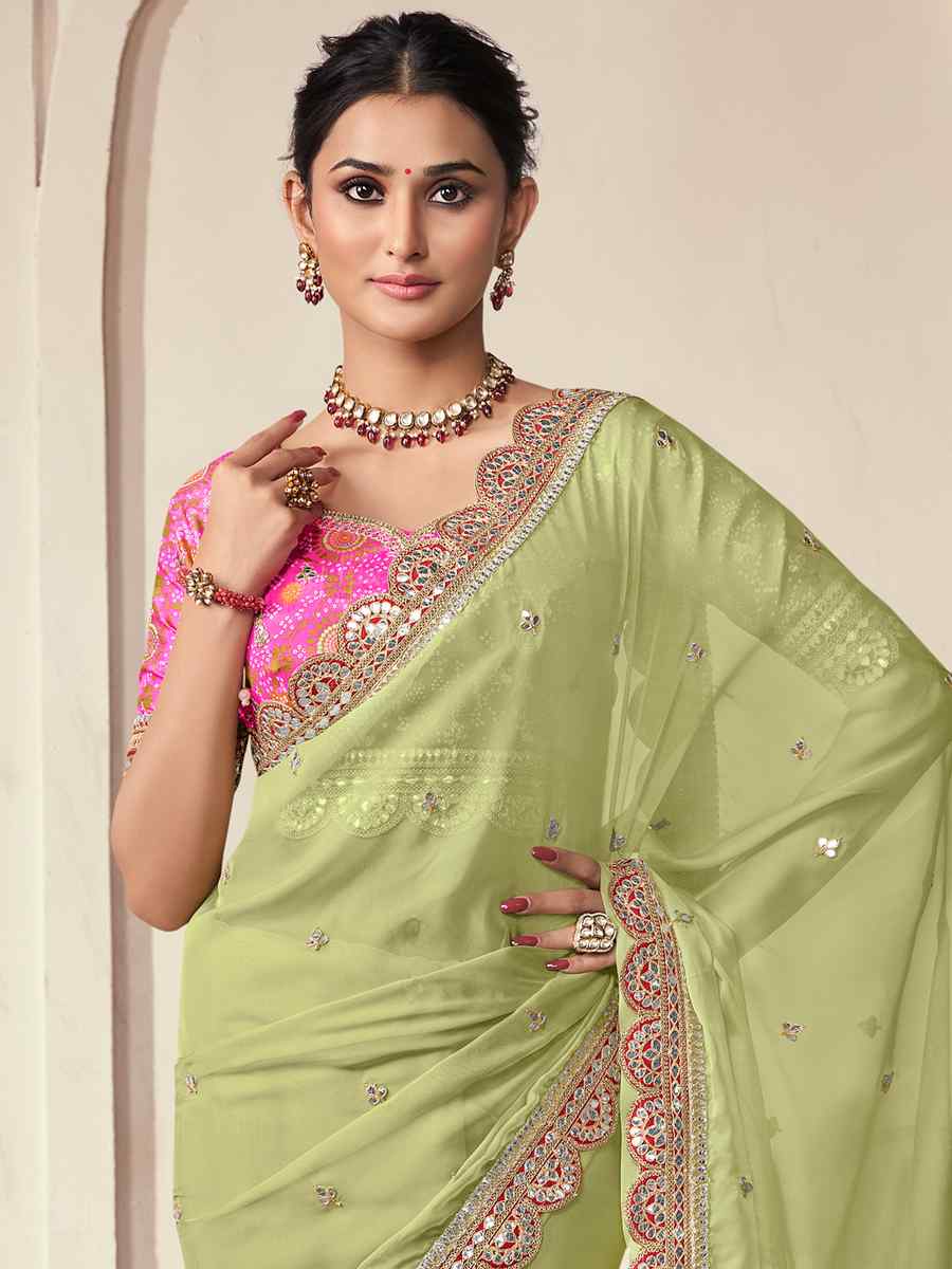 Pista Organza Embroidered Party Wedding Classic Style Saree