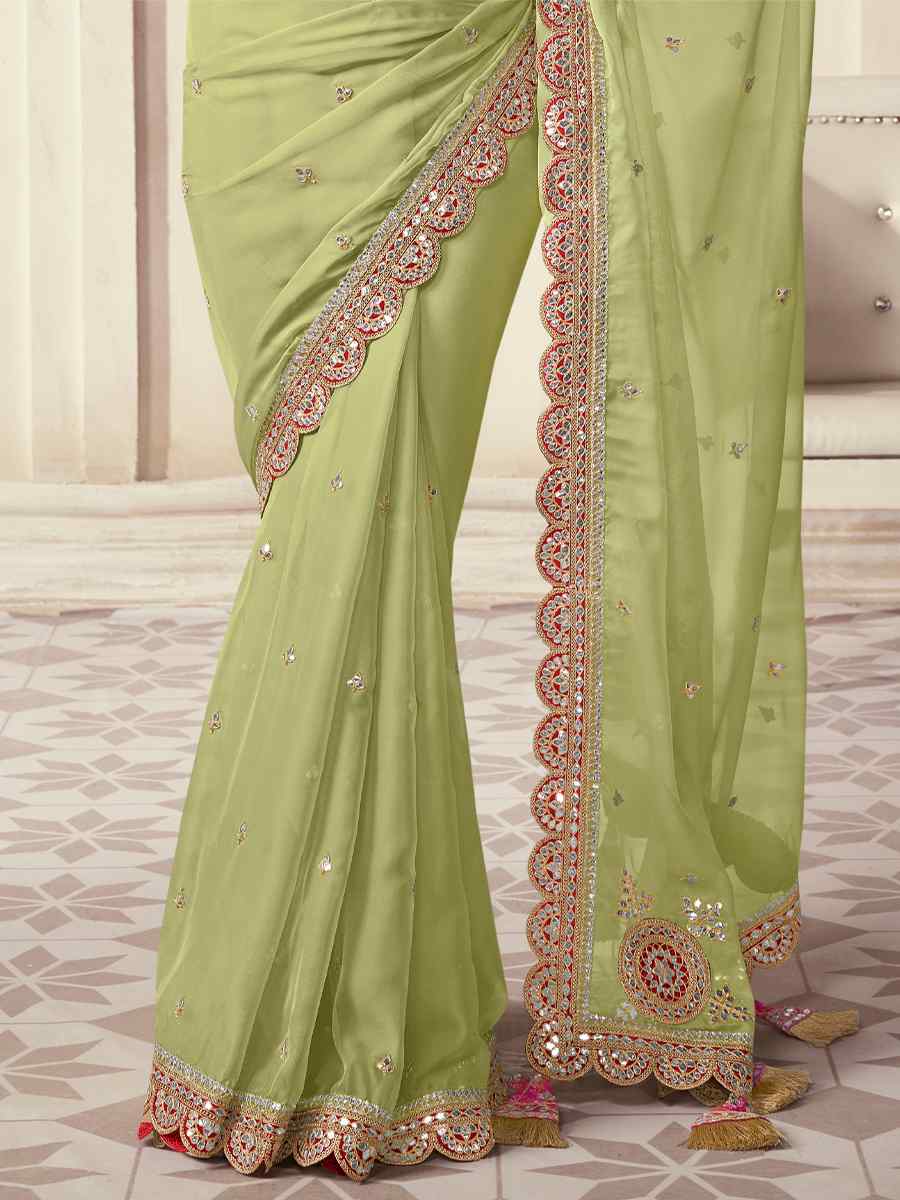 Pista Organza Embroidered Party Wedding Classic Style Saree