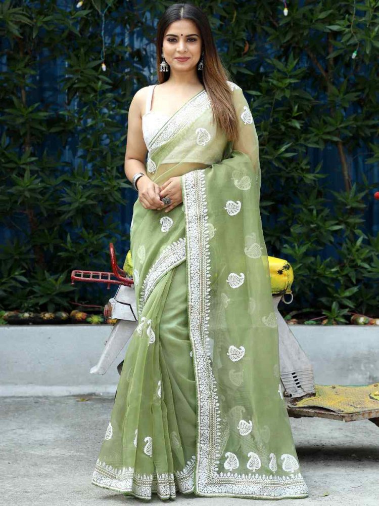 Pista Organza Embroidered Reception Party Heavy Border Saree