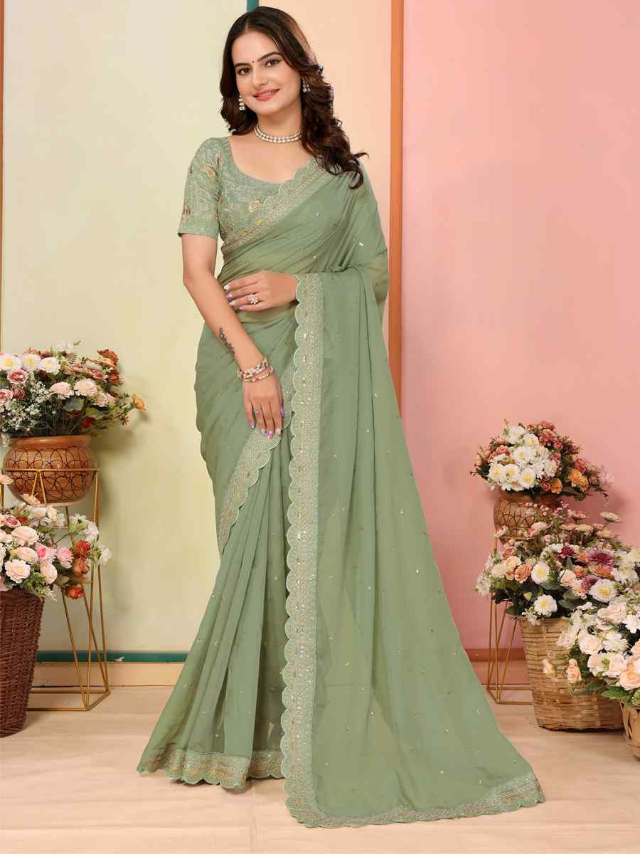Pista Organza Embroidery Traditional Festival Reception Festival Wedding Fancy Heavy Border Saree