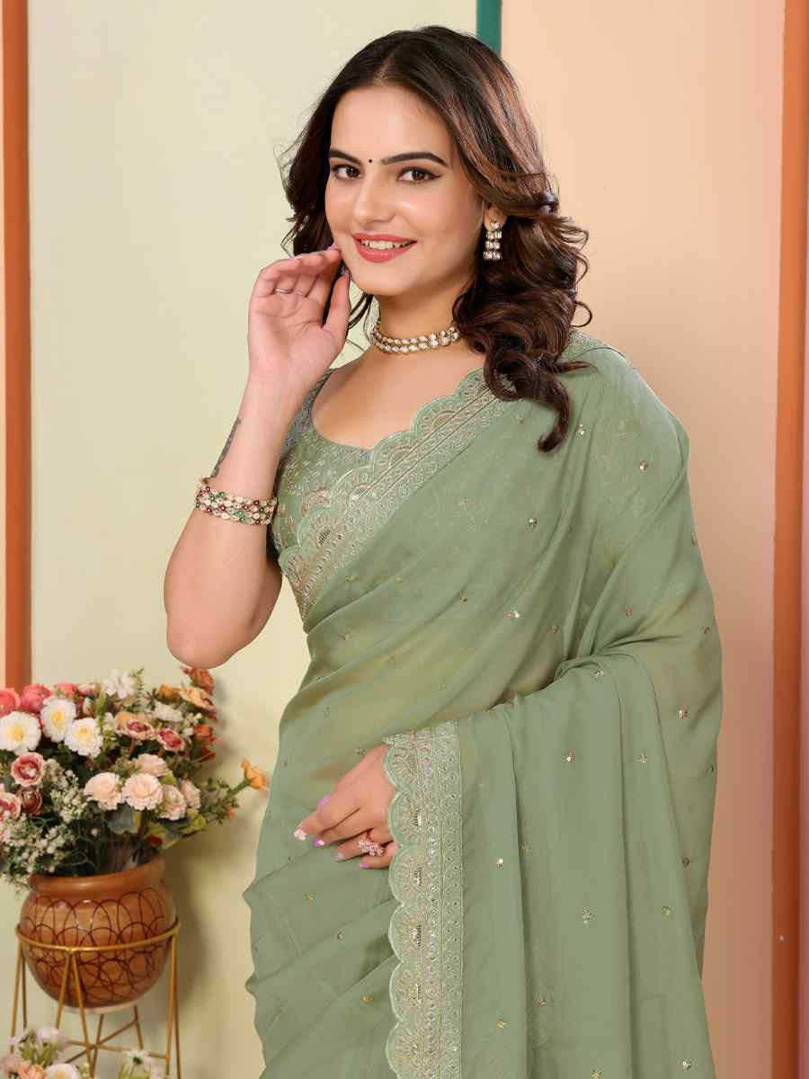 Pista Organza Embroidery Traditional Festival Reception Festival Wedding Fancy Heavy Border Saree